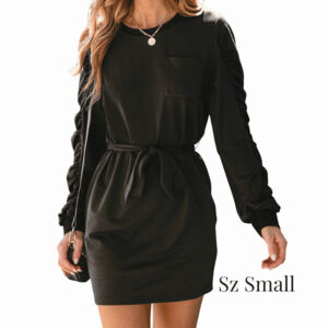 Black Dress Belted Ruched Mini Sz Small Women's Cupshe Long Puff Sleeve